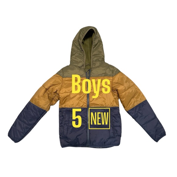 Falls Creek Boy’s 5 Puffer Jacket Coat Color Block Hood Blue Green Gold NWT - Picture 2 of 8